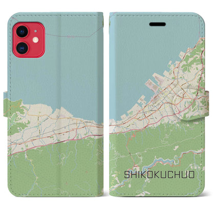 【四国中央（愛媛県）】地図柄iPhoneケース（手帳タイプ）ナチュラル・iPhone 11 用