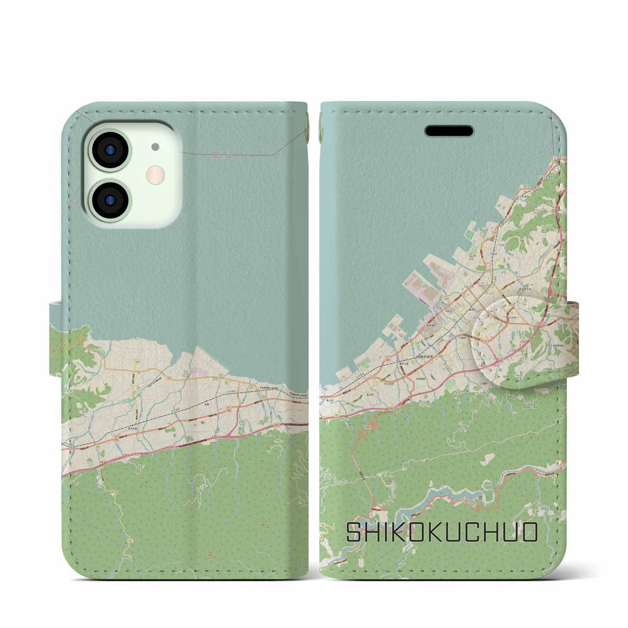 【四国中央（愛媛県）】地図柄iPhoneケース（手帳タイプ）ナチュラル・iPhone 12 mini 用