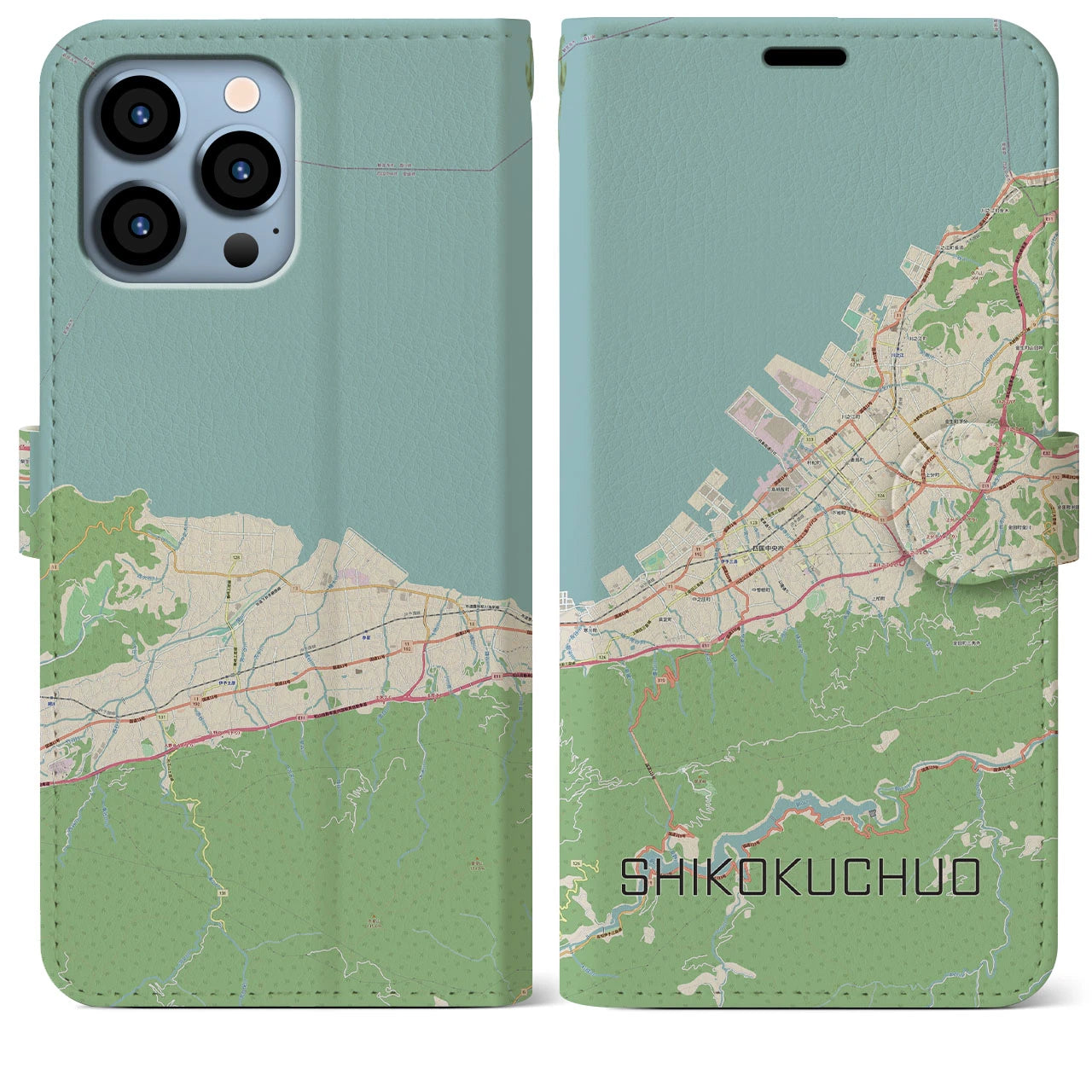 【四国中央】地図柄iPhoneケース（手帳両面タイプ・ナチュラル）iPhone 13 Pro Max 用