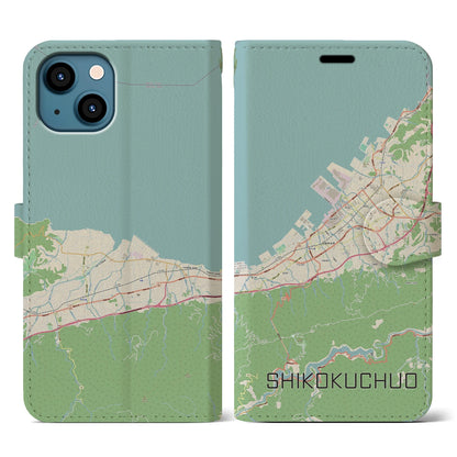 【四国中央（愛媛県）】地図柄iPhoneケース（手帳タイプ）ナチュラル・iPhone 13 用