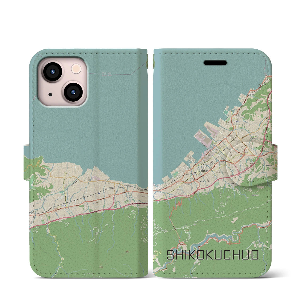 【四国中央（愛媛県）】地図柄iPhoneケース（手帳タイプ）ナチュラル・iPhone 13 mini 用