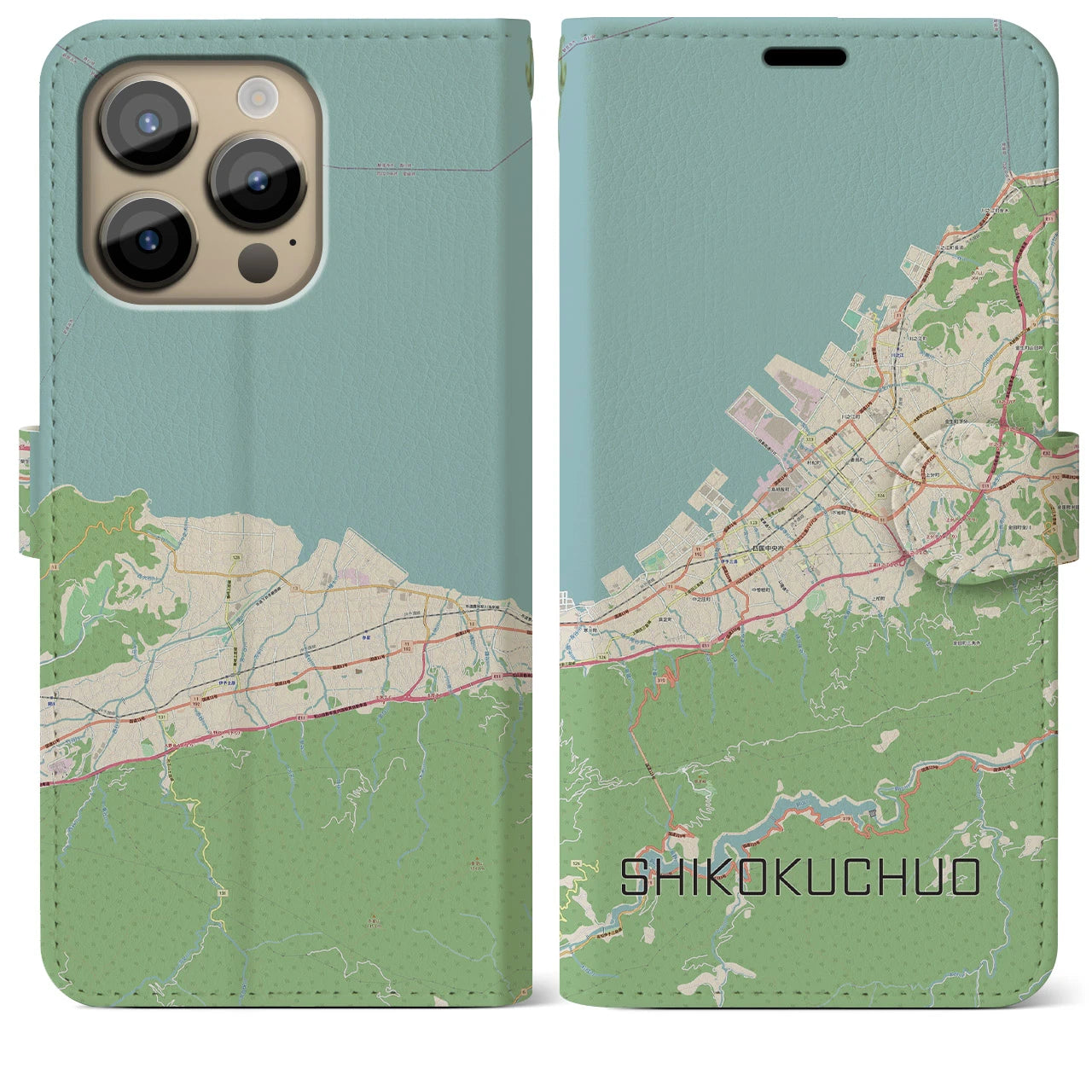 【四国中央】地図柄iPhoneケース（手帳両面タイプ・ナチュラル）iPhone 14 Pro Max 用