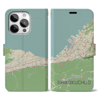 【四国中央（愛媛県）】地図柄iPhoneケース（手帳タイプ）ナチュラル・iPhone 14 Pro 用