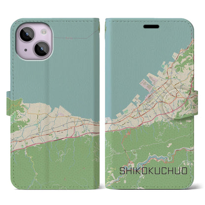 【四国中央（愛媛県）】地図柄iPhoneケース（手帳タイプ）ナチュラル・iPhone 14 用