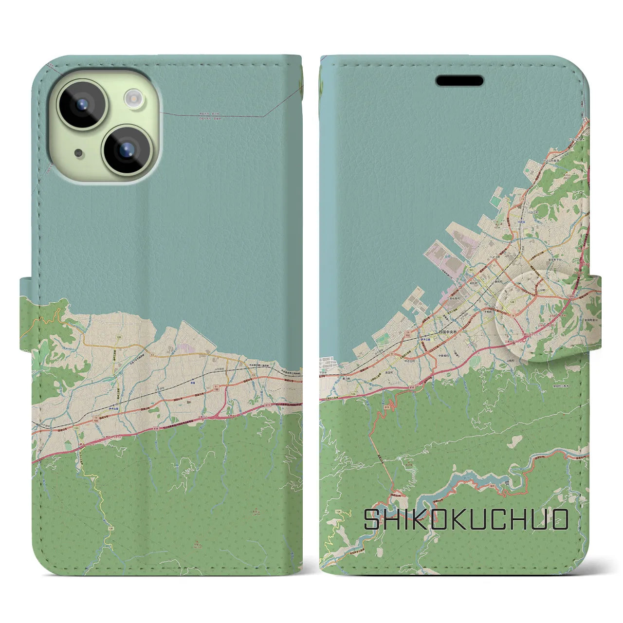 【四国中央（愛媛県）】地図柄iPhoneケース（手帳タイプ）ナチュラル・iPhone 15 用