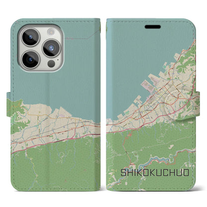 【四国中央（愛媛県）】地図柄iPhoneケース（手帳タイプ）ナチュラル・iPhone 15 Pro 用