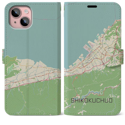 【四国中央（愛媛県）】地図柄iPhoneケース（手帳タイプ）ナチュラル・iPhone 15 Plus 用