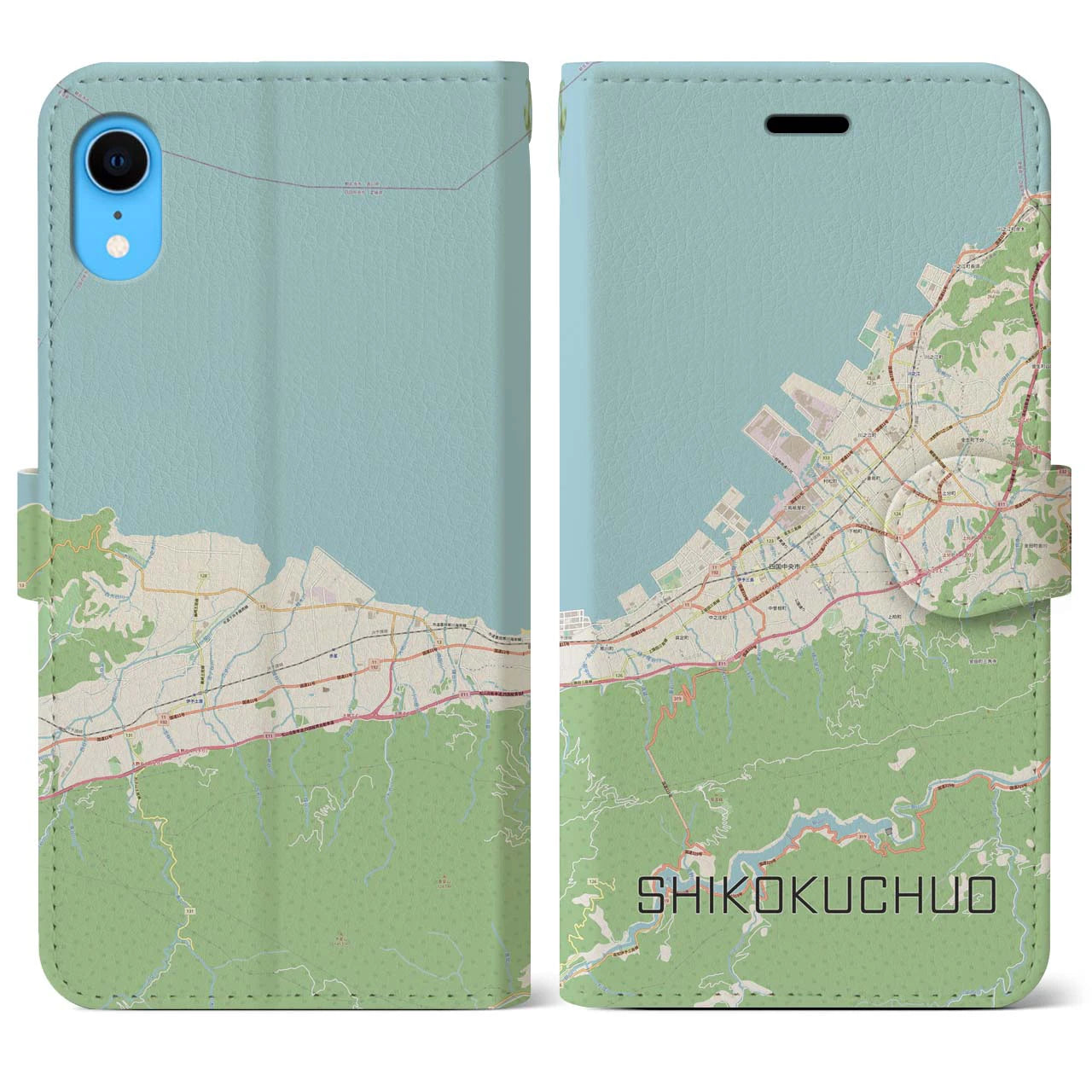 【四国中央】地図柄iPhoneケース（手帳両面タイプ・ナチュラル）iPhone XR 用