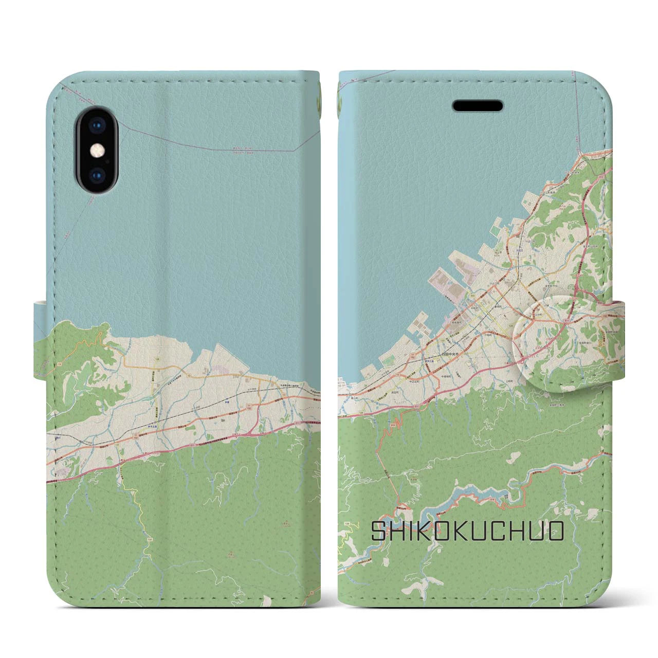 【四国中央】地図柄iPhoneケース（手帳両面タイプ・ナチュラル）iPhone XS / X 用