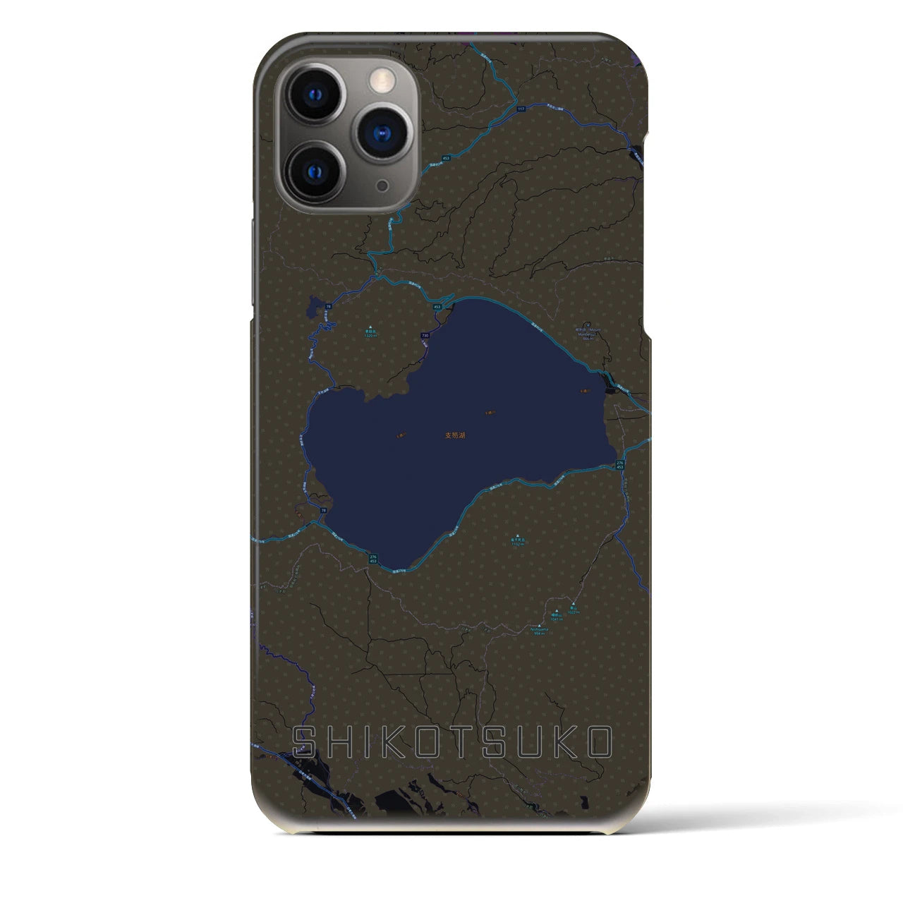 【支笏湖】地図柄iPhoneケース（バックカバータイプ・ブラック）iPhone 11 Pro Max 用