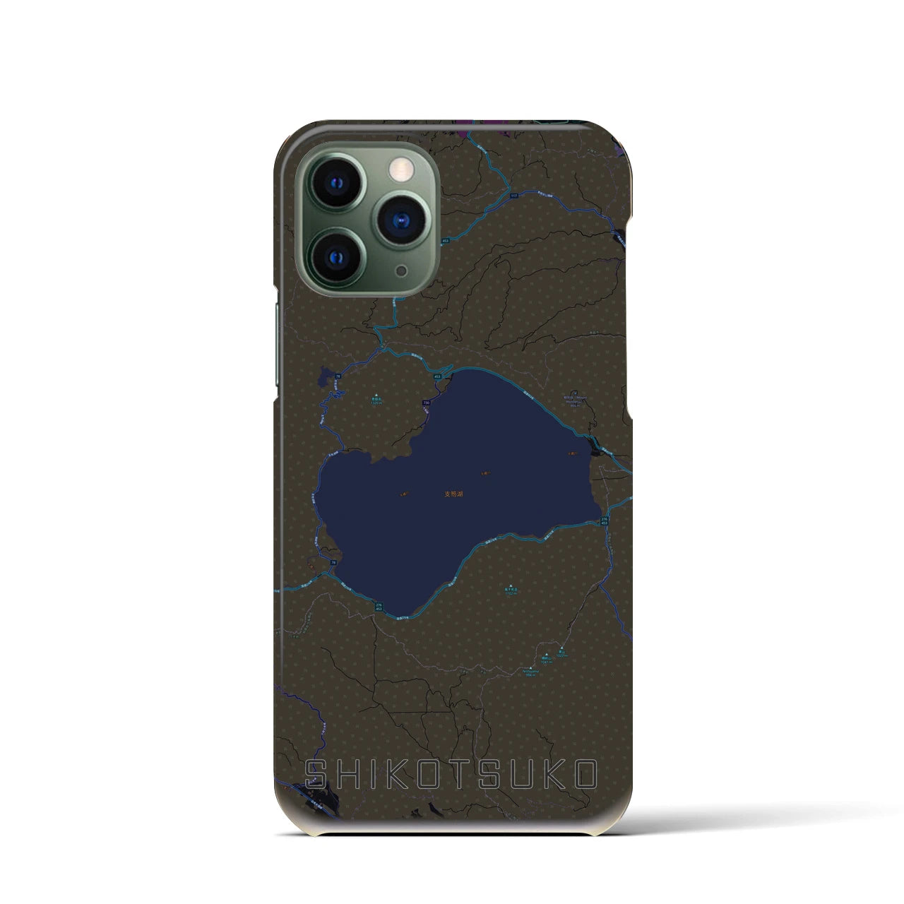 【支笏湖】地図柄iPhoneケース（バックカバータイプ・ブラック）iPhone 11 Pro 用