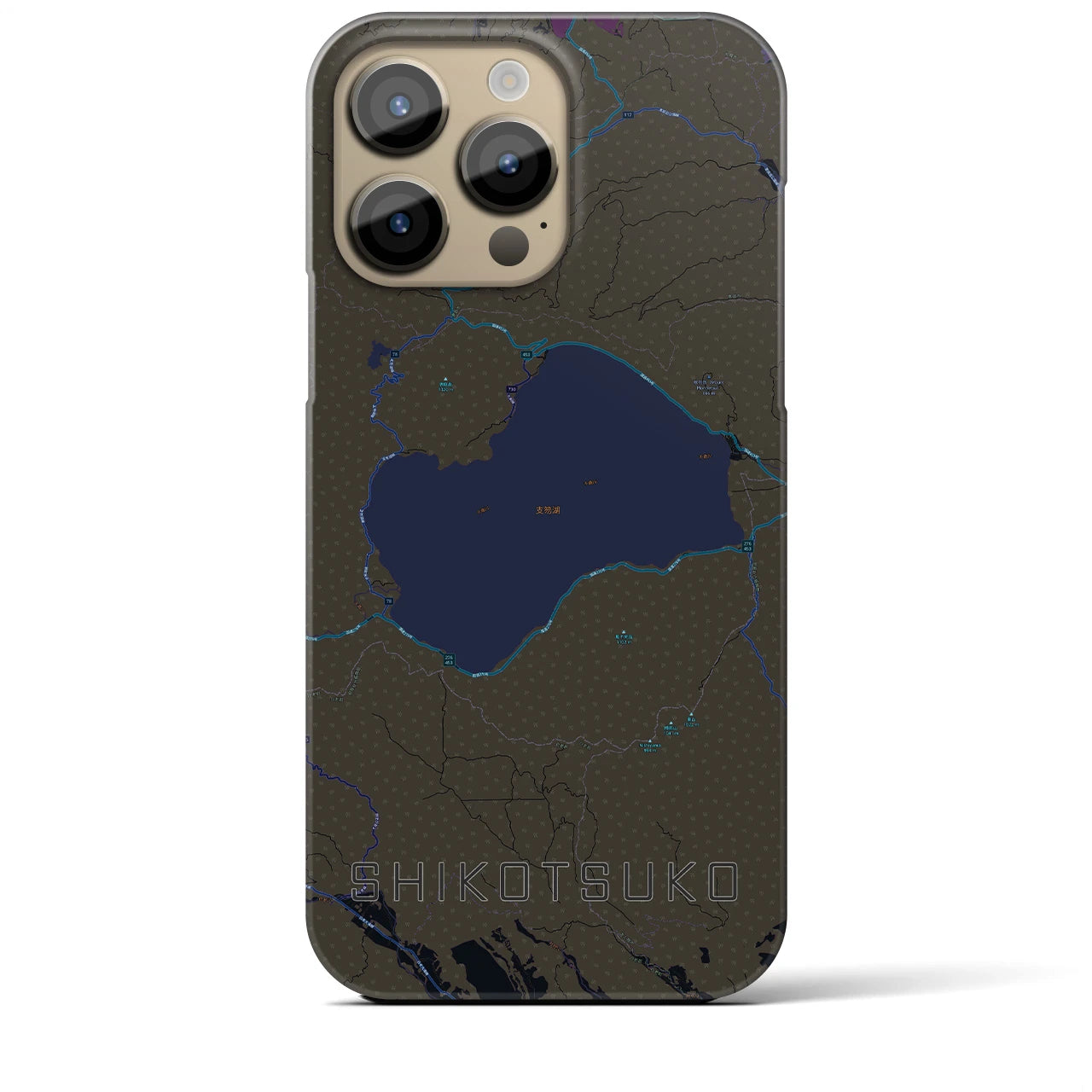 【支笏湖】地図柄iPhoneケース（バックカバータイプ・ブラック）iPhone 14 Pro Max 用
