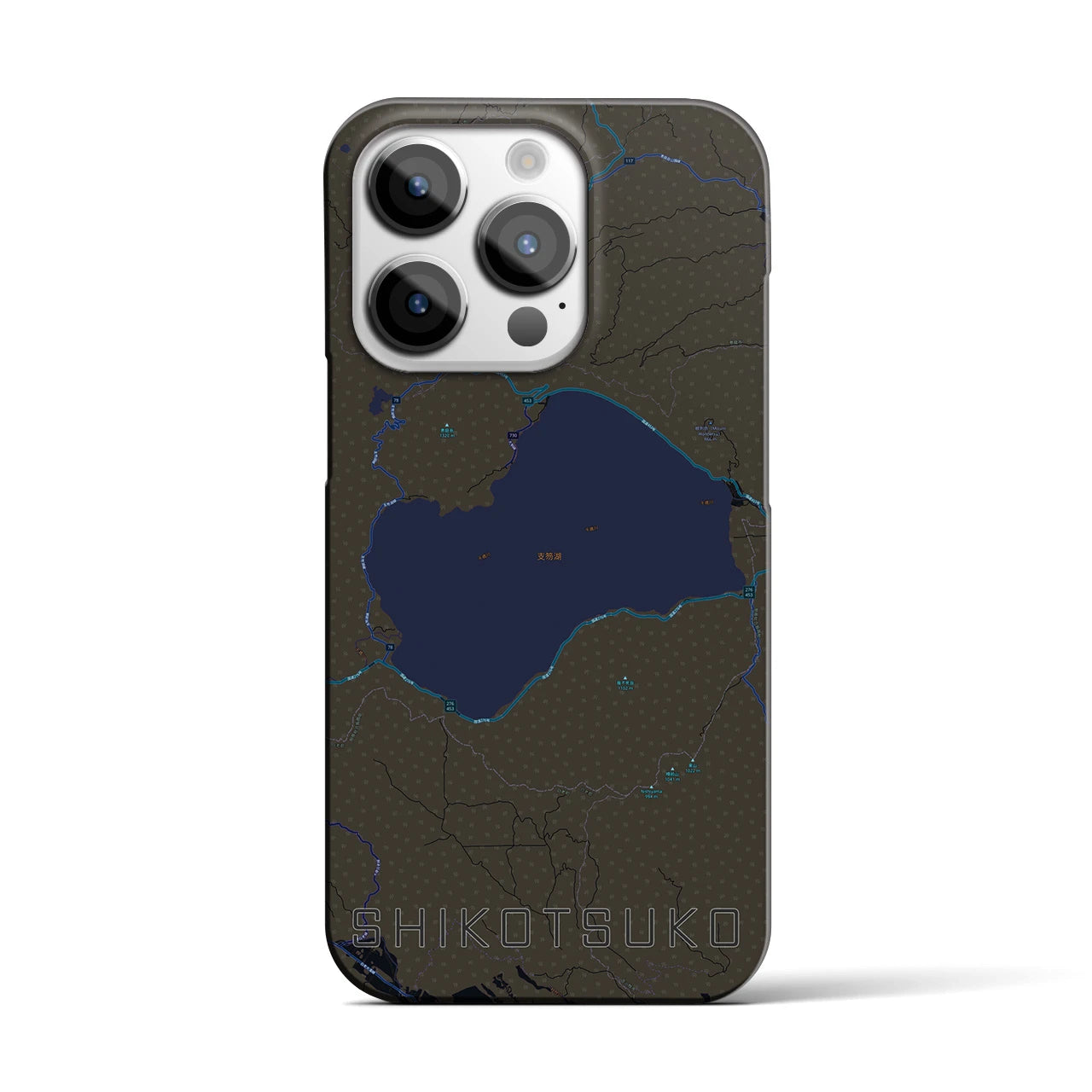 【支笏湖】地図柄iPhoneケース（バックカバータイプ・ブラック）iPhone 14 Pro 用