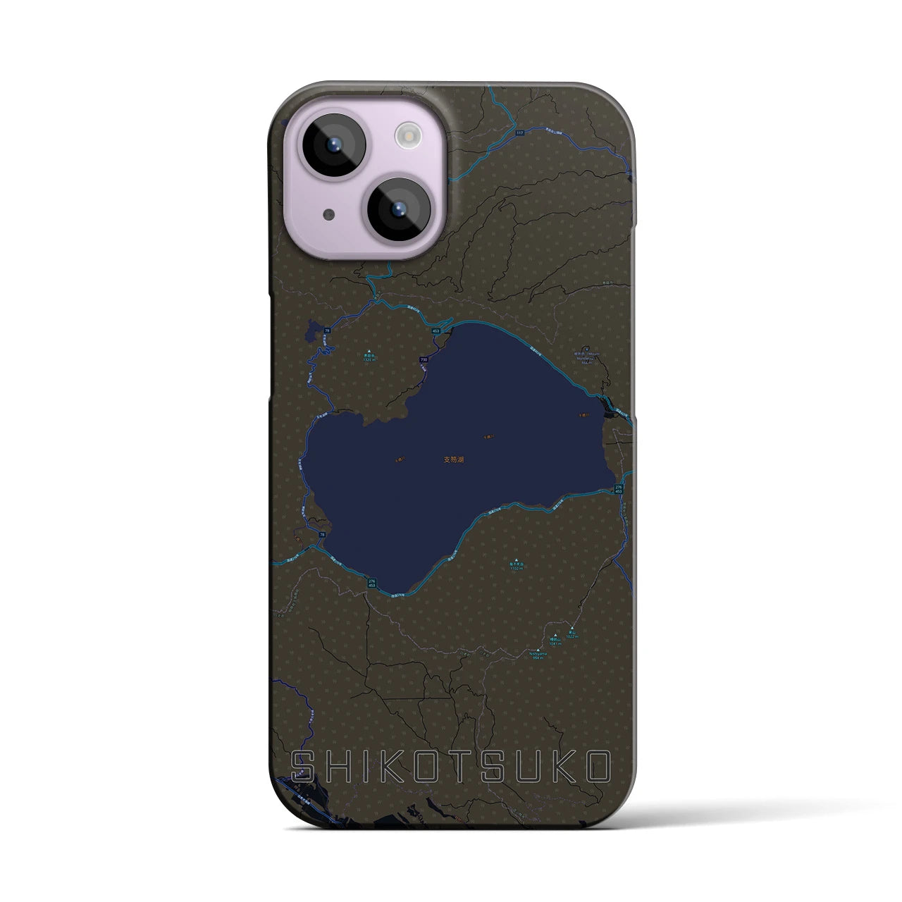 【支笏湖】地図柄iPhoneケース（バックカバータイプ・ブラック）iPhone 14 用