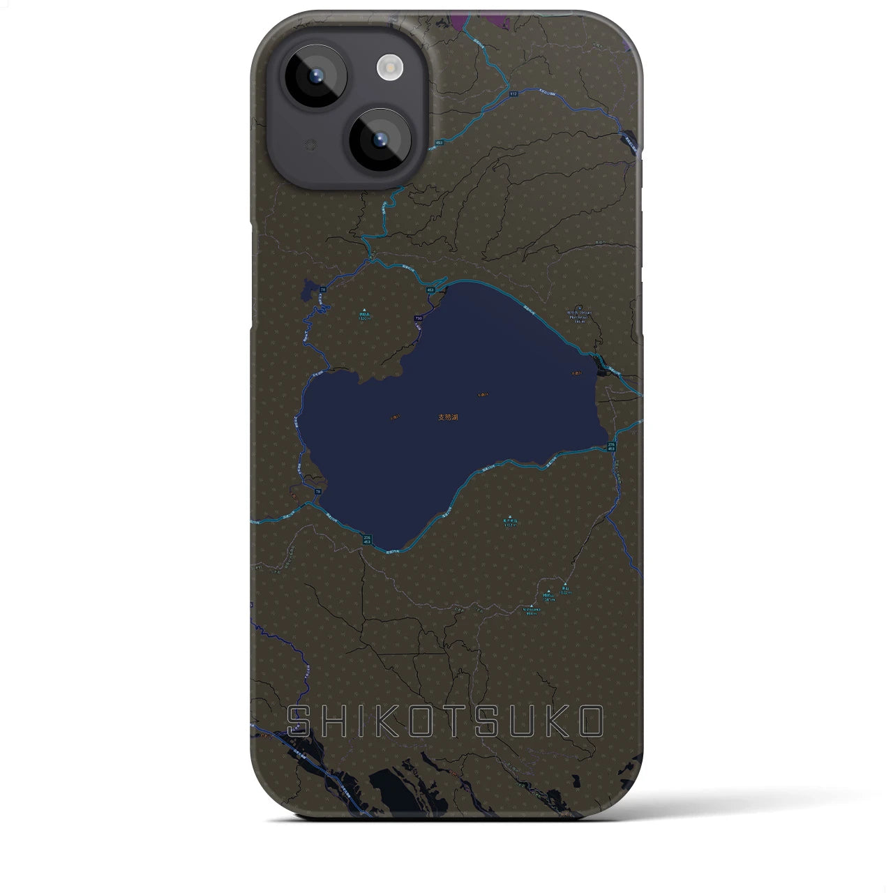 【支笏湖】地図柄iPhoneケース（バックカバータイプ・ブラック）iPhone 14 Plus 用