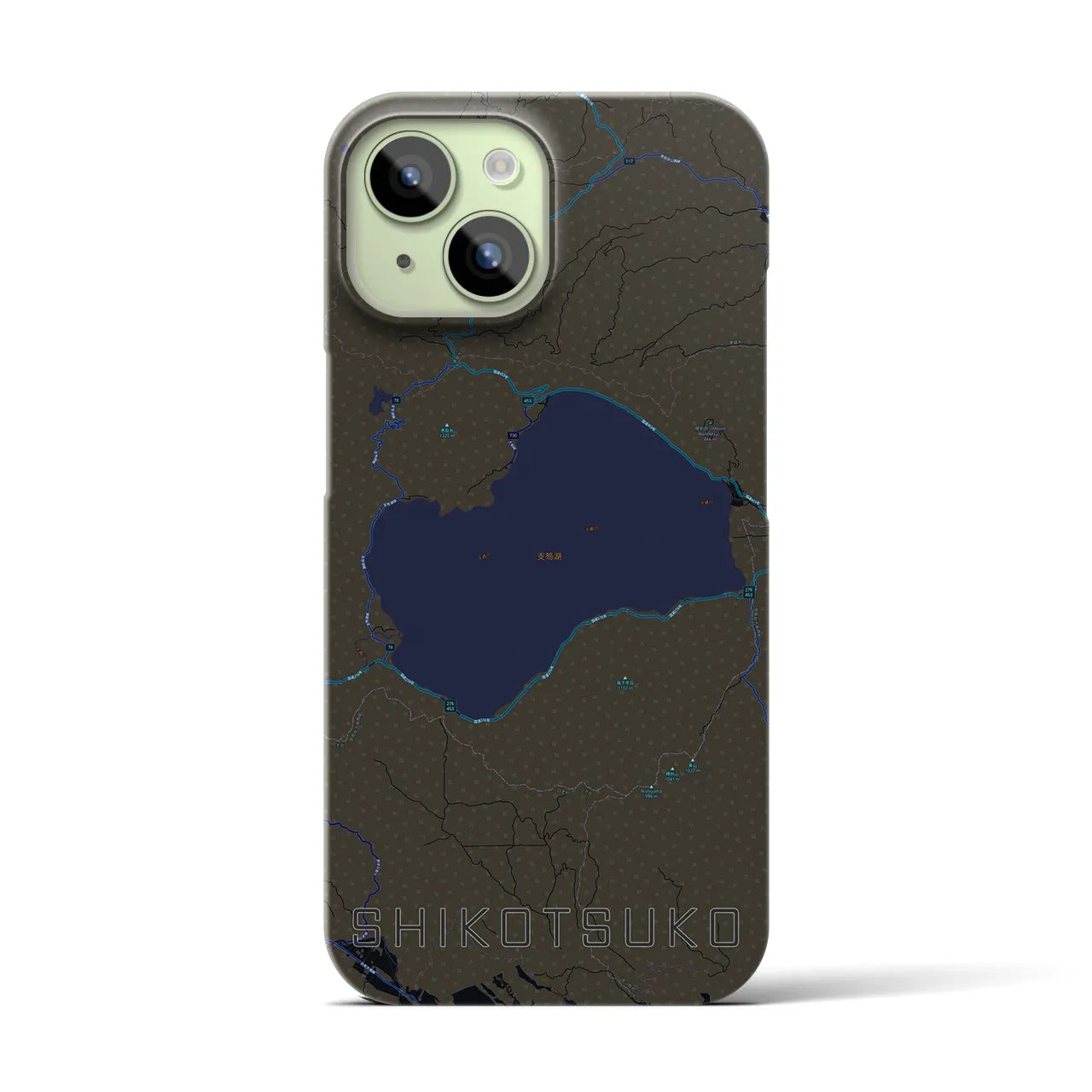 【支笏湖】地図柄iPhoneケース（バックカバータイプ・ブラック）iPhone 15 用
