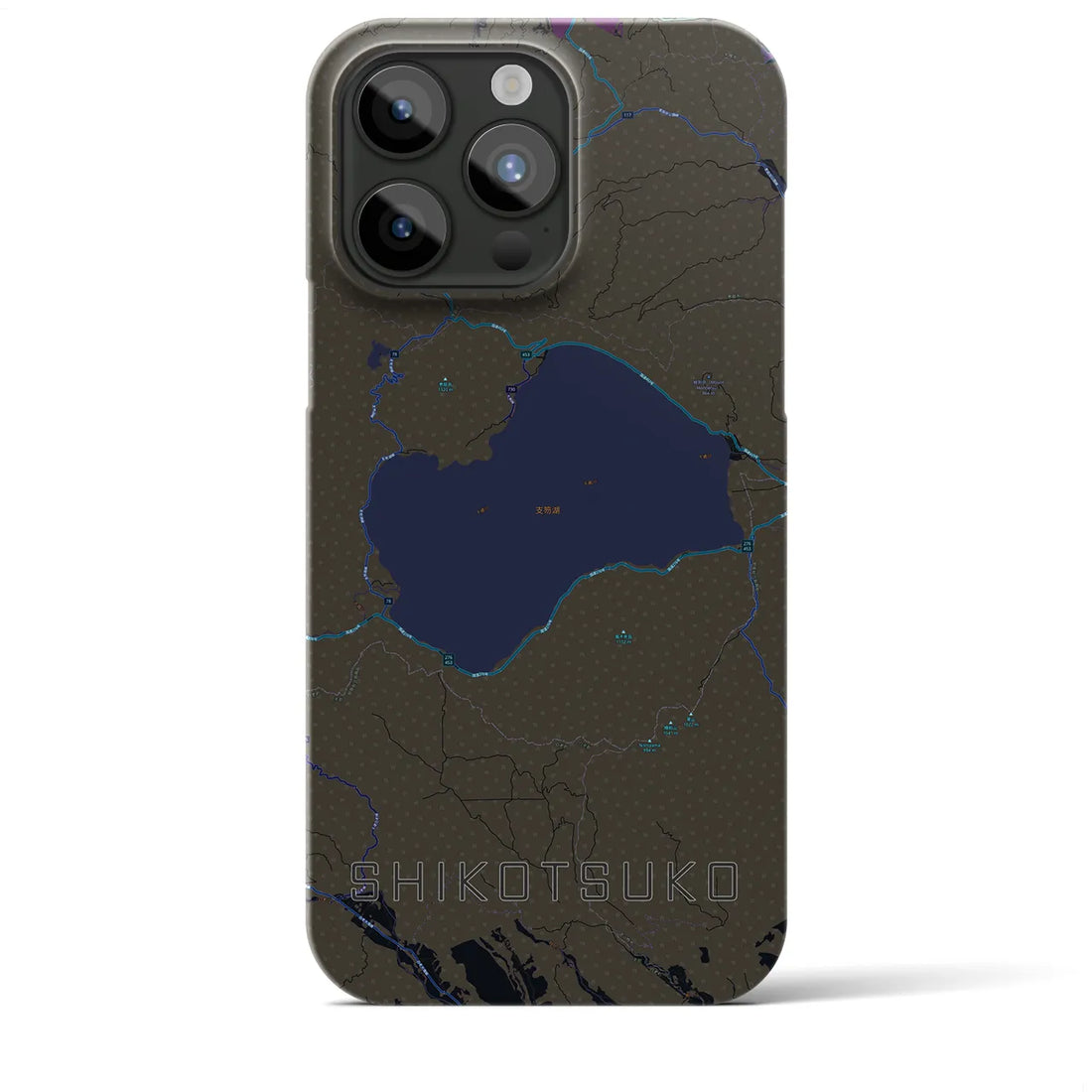 【支笏湖】地図柄iPhoneケース（バックカバータイプ・ブラック）iPhone 15 Pro Max 用