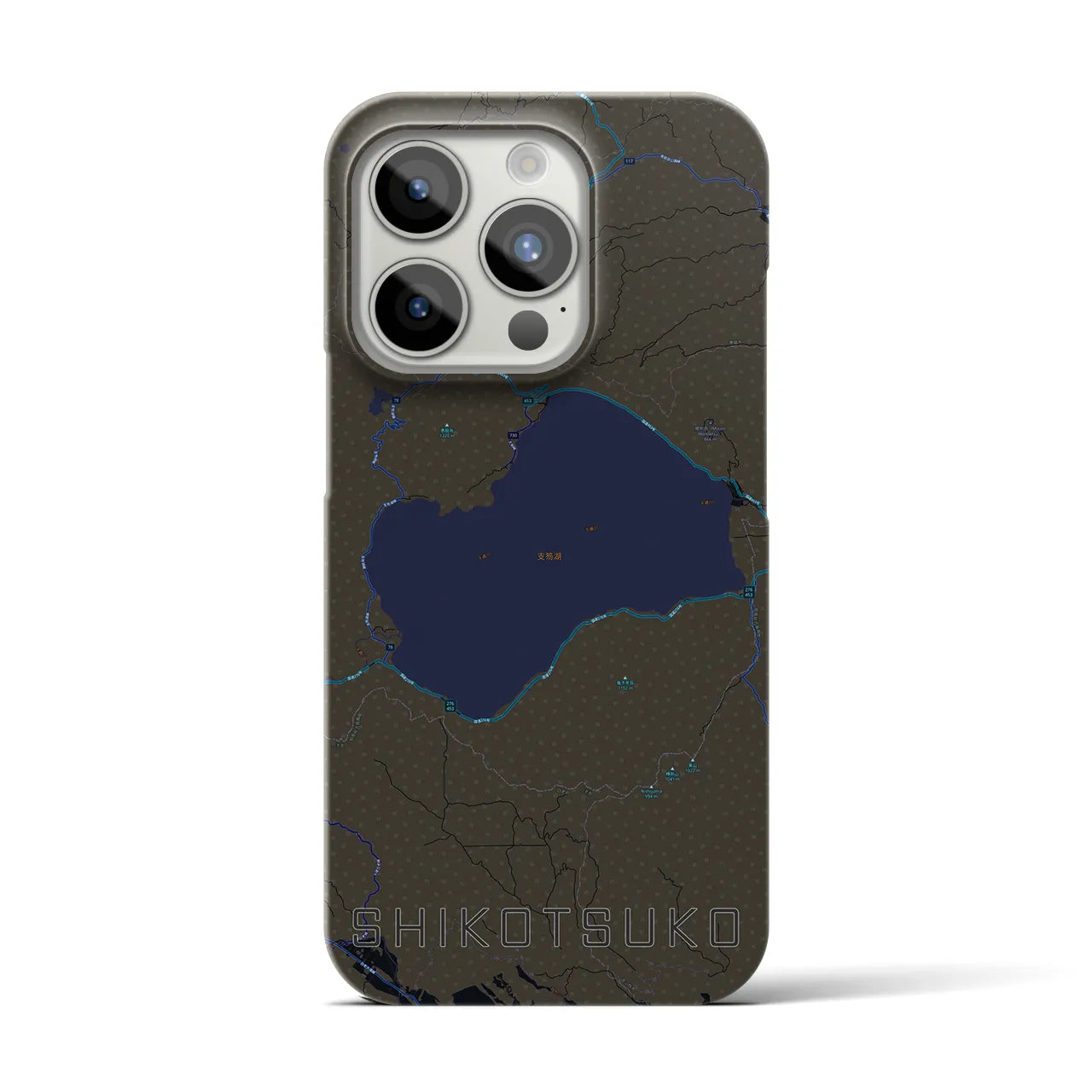 【支笏湖】地図柄iPhoneケース（バックカバータイプ・ブラック）iPhone 15 Pro 用
