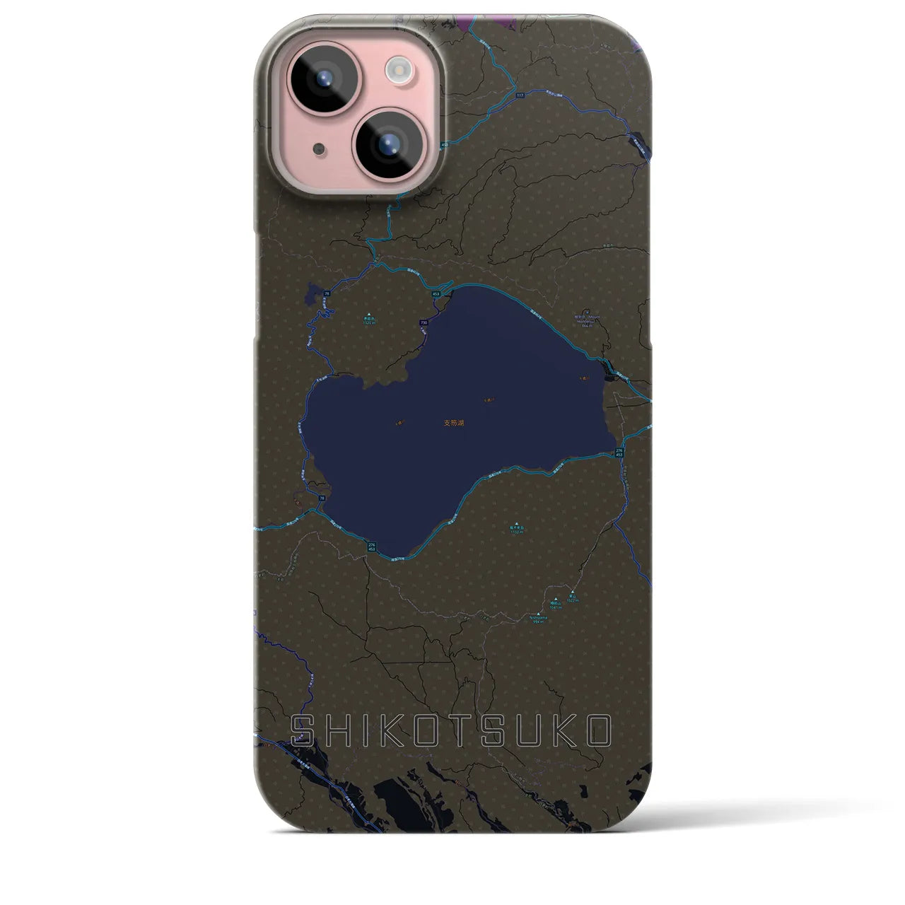 【支笏湖】地図柄iPhoneケース（バックカバータイプ・ブラック）iPhone 15 Plus 用