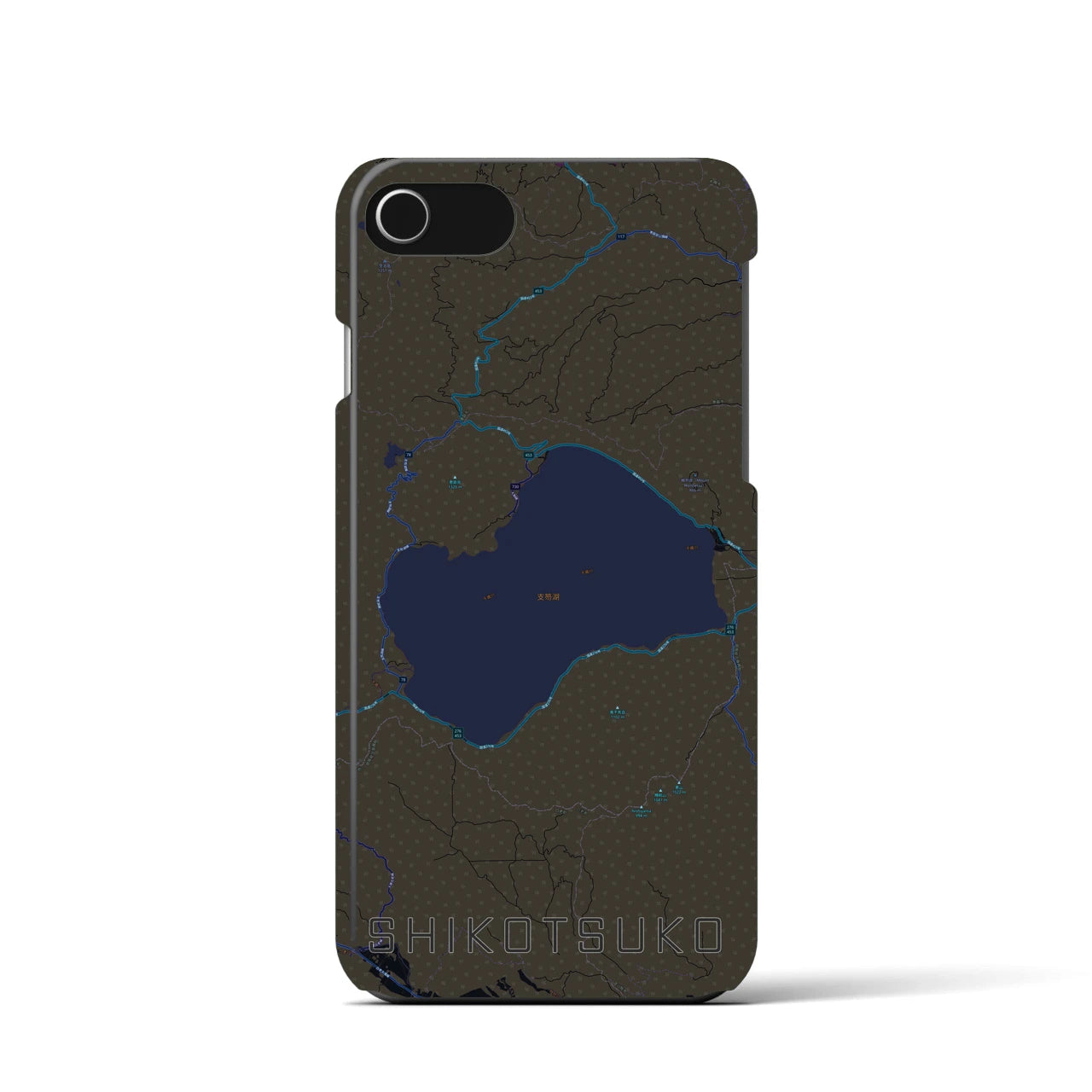 【支笏湖】地図柄iPhoneケース（バックカバータイプ・ブラック）iPhone SE（第3 / 第2世代） / 8 / 7 / 6s / 6 用