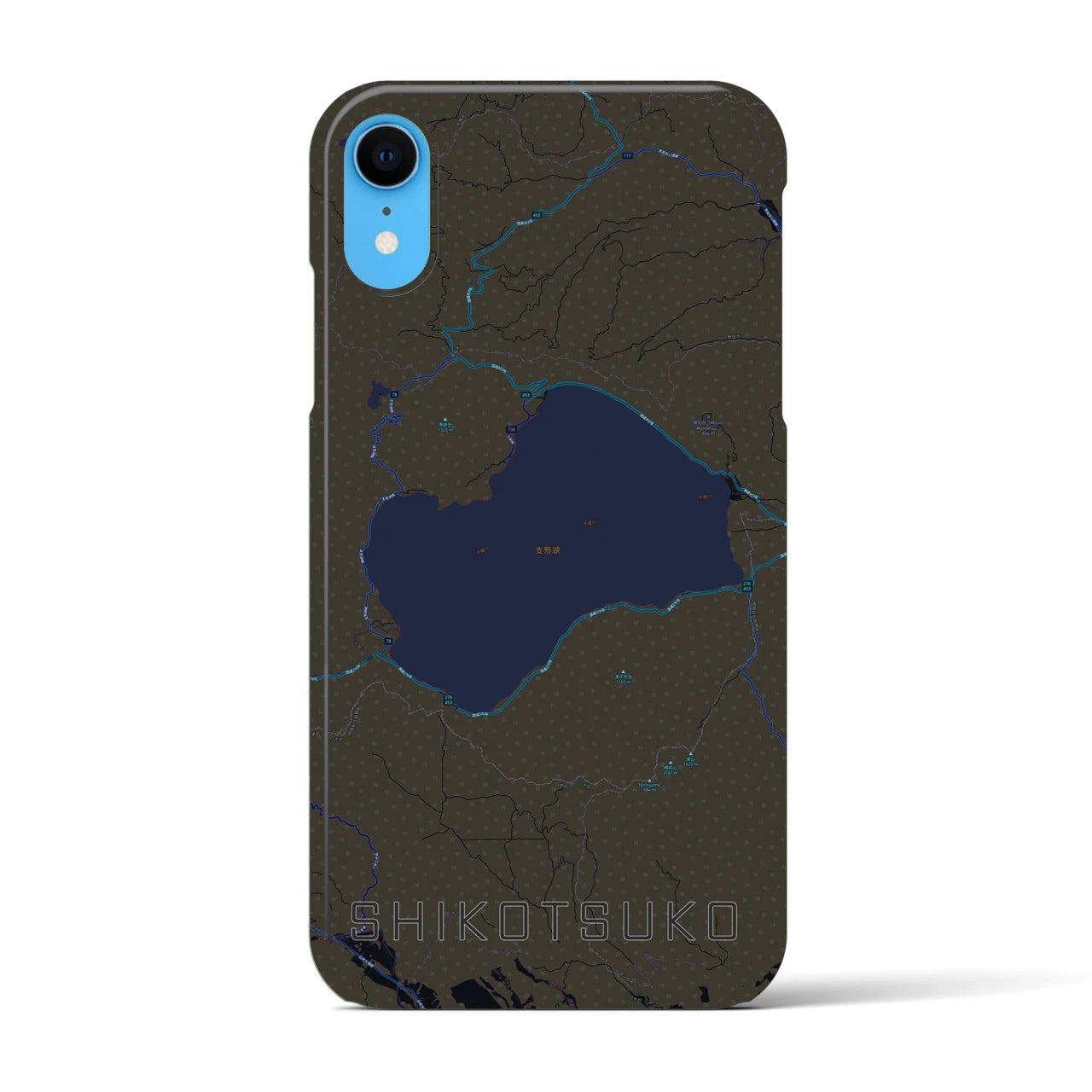 【支笏湖】地図柄iPhoneケース（バックカバータイプ・ブラック）iPhone XR 用