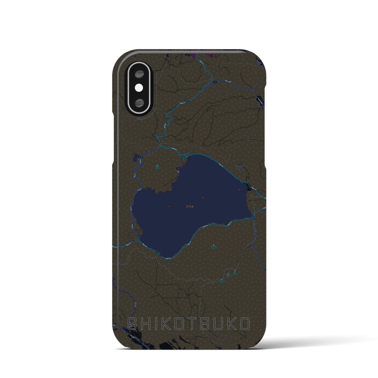 【支笏湖】地図柄iPhoneケース（バックカバータイプ・ブラック）iPhone XS / X 用