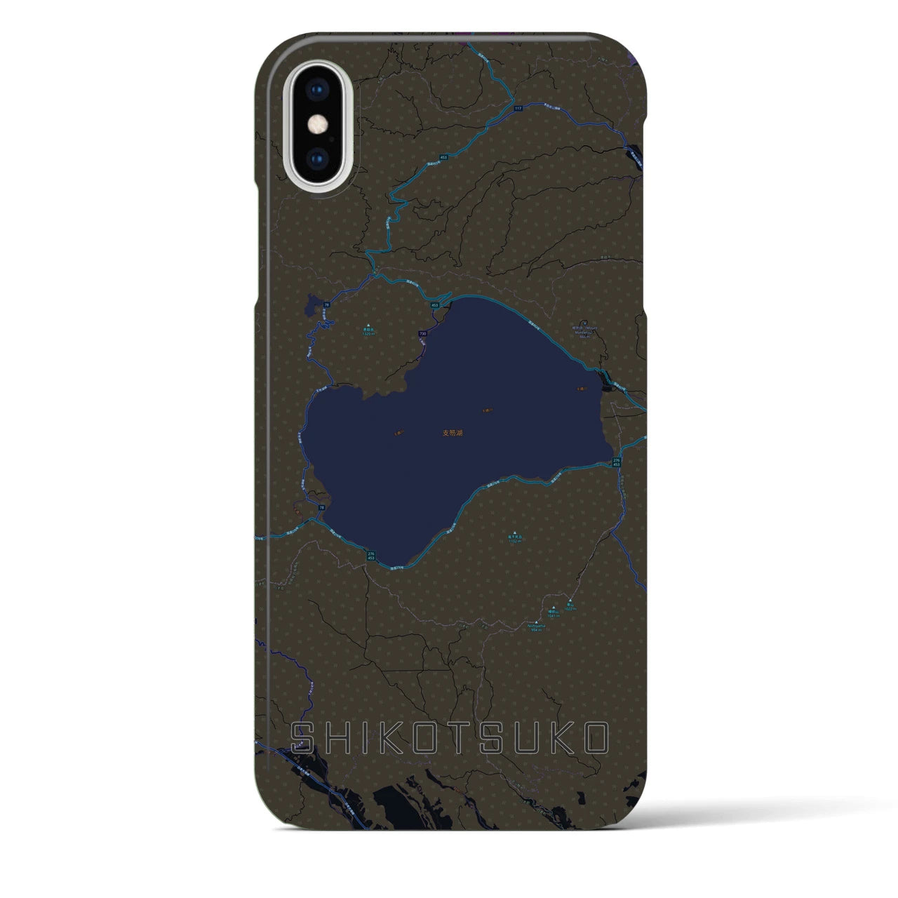 【支笏湖】地図柄iPhoneケース（バックカバータイプ・ブラック）iPhone XS Max 用