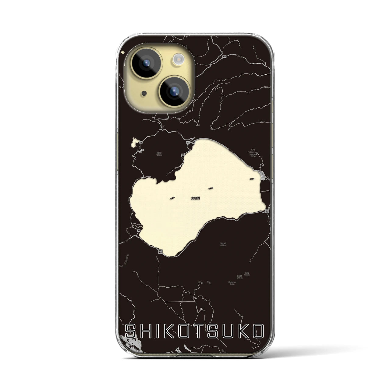 【支笏湖】地図柄iPhoneケース（クリアタイプ・モノトーン）iPhone 15 用