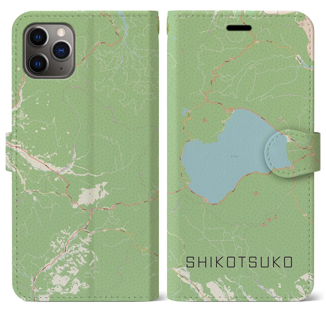 【支笏湖】地図柄iPhoneケース（手帳両面タイプ・ナチュラル）iPhone 11 Pro Max 用