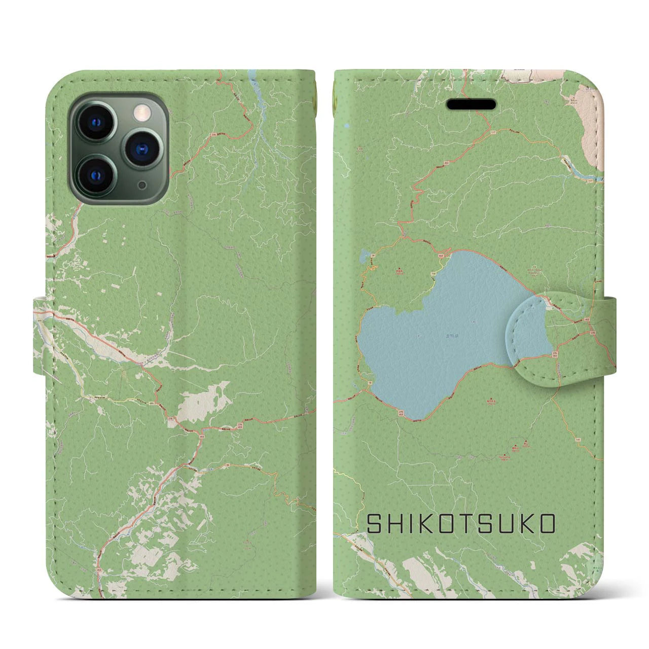 【支笏湖】地図柄iPhoneケース（手帳両面タイプ・ナチュラル）iPhone 11 Pro 用
