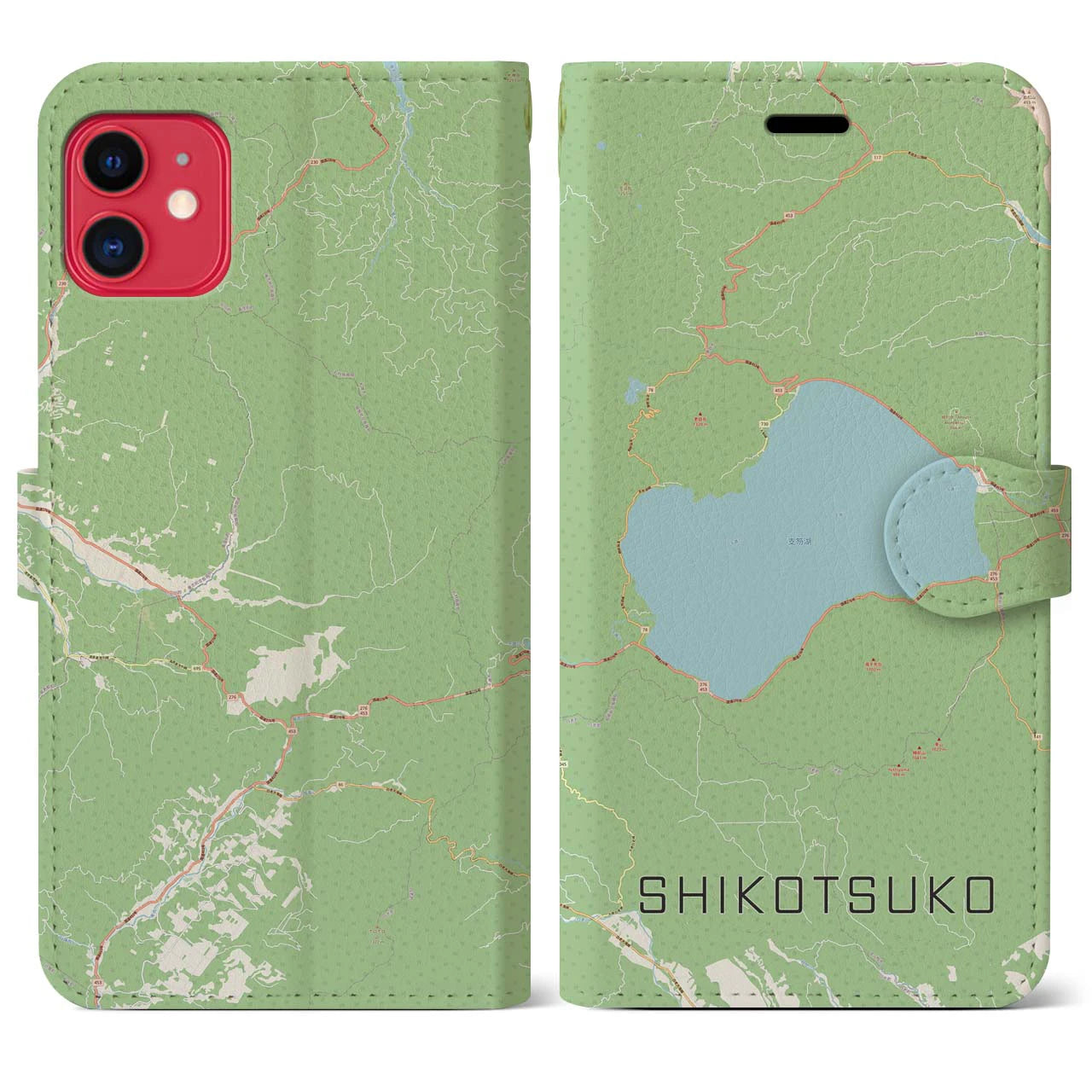 【支笏湖】地図柄iPhoneケース（手帳両面タイプ・ナチュラル）iPhone 11 用