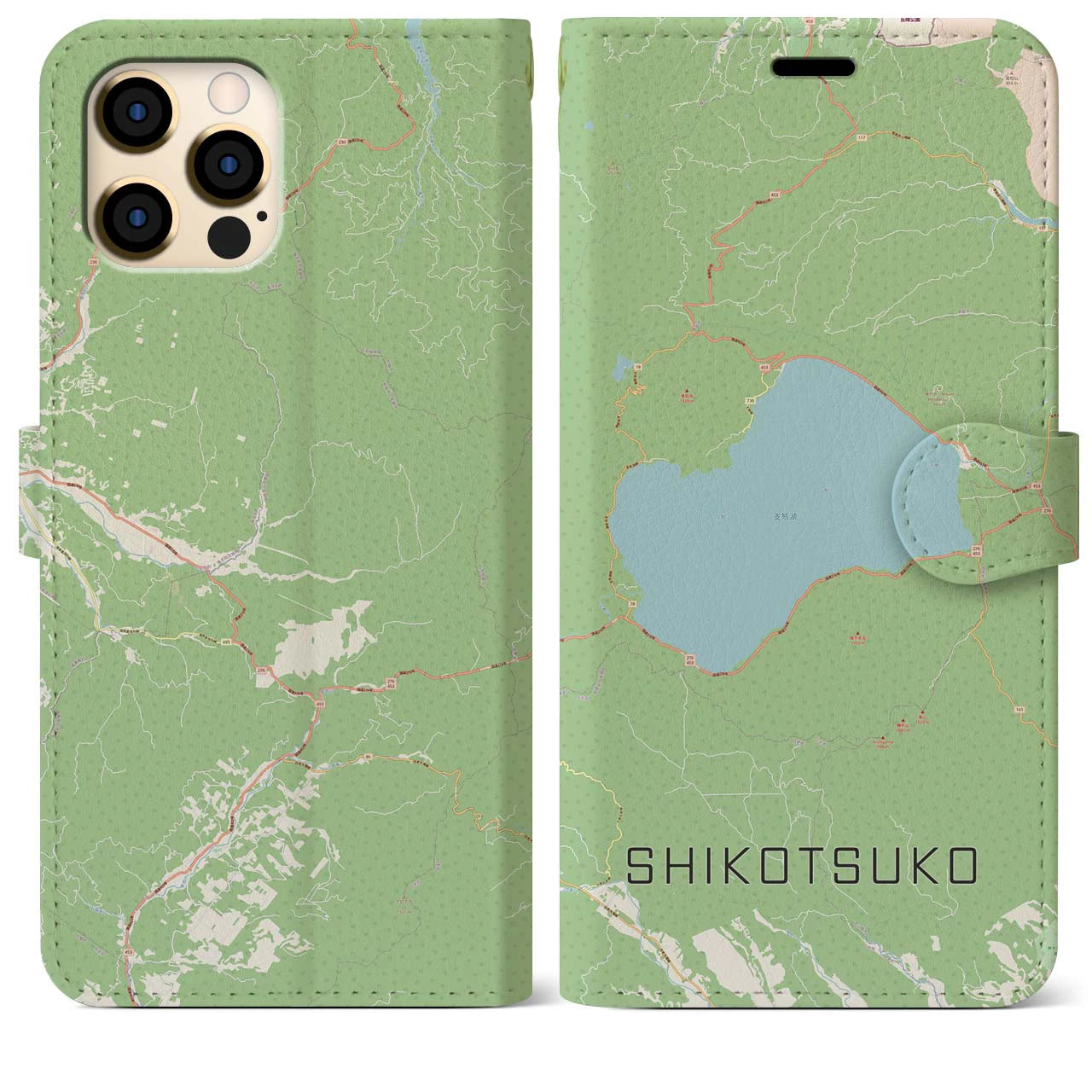 【支笏湖】地図柄iPhoneケース（手帳両面タイプ・ナチュラル）iPhone 12 Pro Max 用