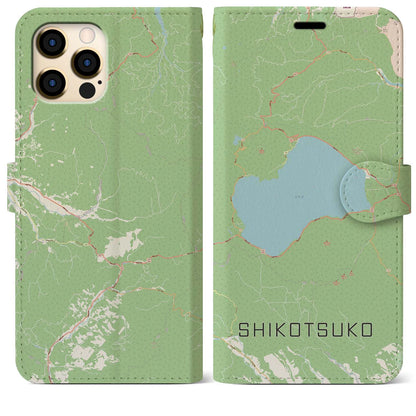 【支笏湖（北海道）】地図柄iPhoneケース（手帳タイプ）ナチュラル・iPhone 12 Pro Max 用