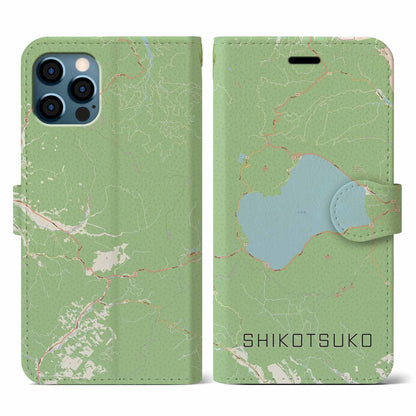 【支笏湖（北海道）】地図柄iPhoneケース（手帳タイプ）ナチュラル・iPhone 12 / 12 Pro 用