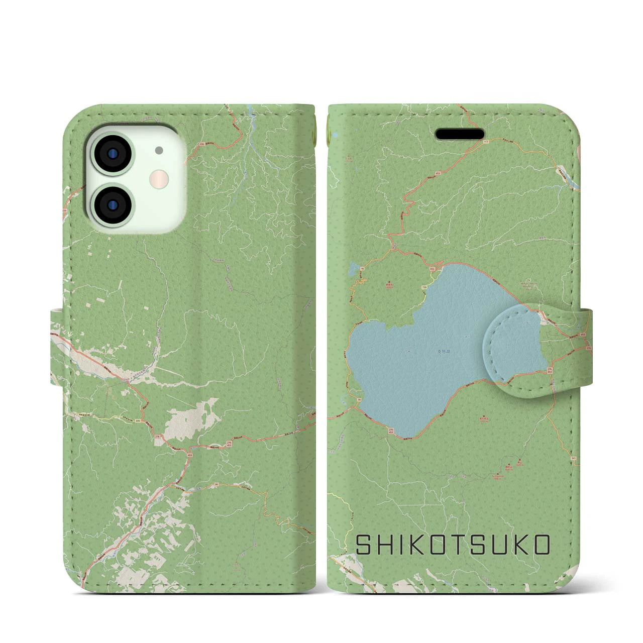 【支笏湖】地図柄iPhoneケース（手帳両面タイプ・ナチュラル）iPhone 12 mini 用