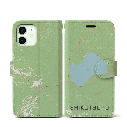 【支笏湖（北海道）】地図柄iPhoneケース（手帳タイプ）ナチュラル・iPhone 12 mini 用