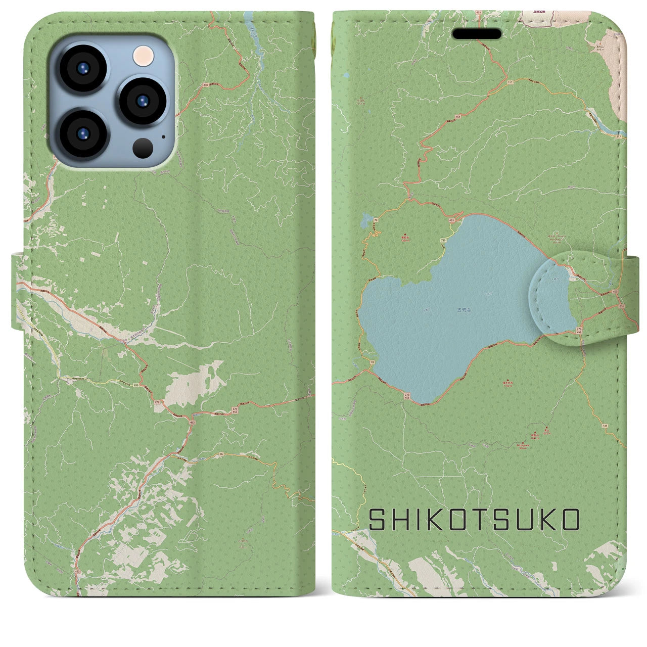 【支笏湖】地図柄iPhoneケース（手帳両面タイプ・ナチュラル）iPhone 13 Pro Max 用