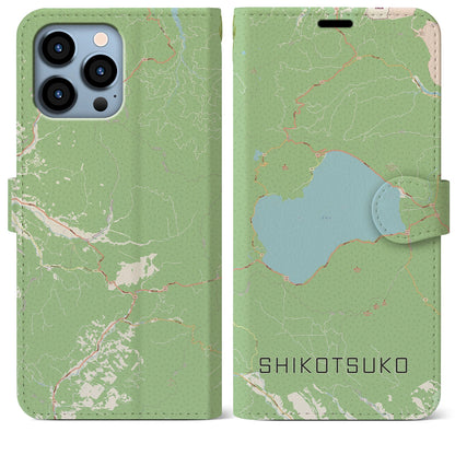 【支笏湖（北海道）】地図柄iPhoneケース（手帳タイプ）ナチュラル・iPhone 13 Pro Max 用