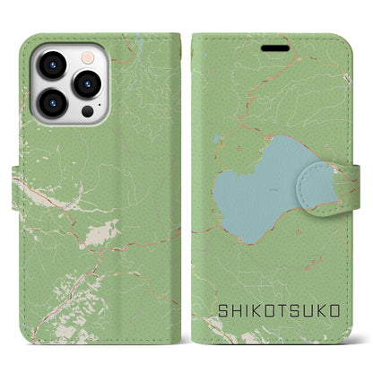 【支笏湖（北海道）】地図柄iPhoneケース（手帳タイプ）ナチュラル・iPhone 13 Pro 用