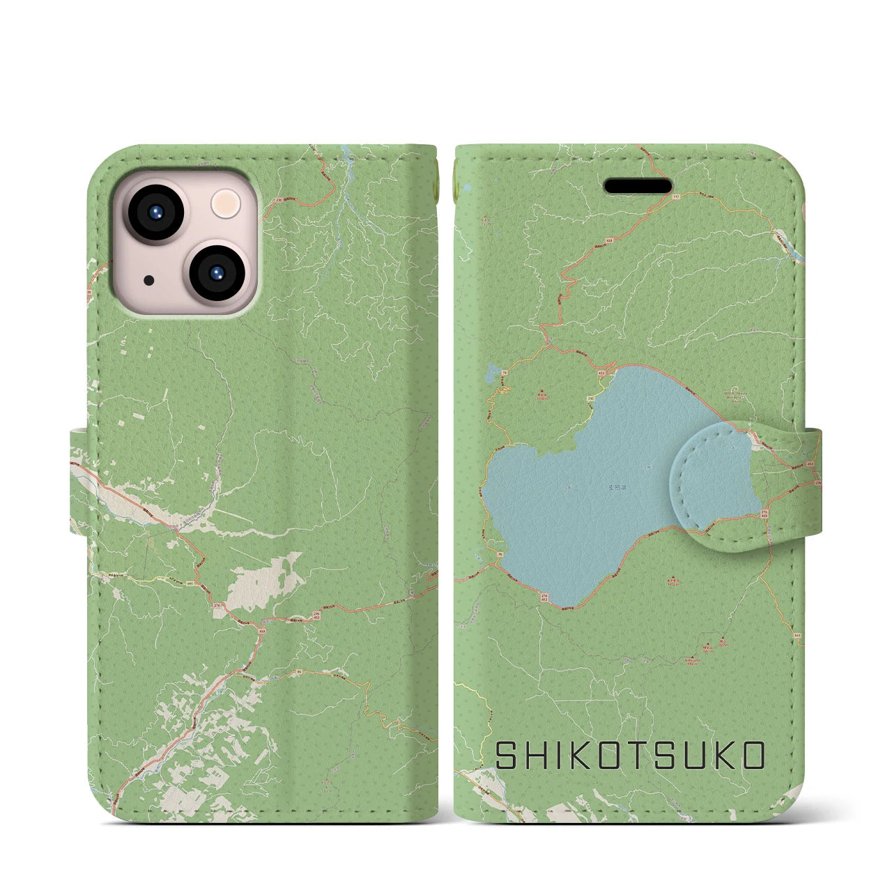 【支笏湖】地図柄iPhoneケース（手帳両面タイプ・ナチュラル）iPhone 13 mini 用
