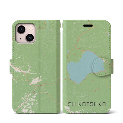 【支笏湖（北海道）】地図柄iPhoneケース（手帳タイプ）ナチュラル・iPhone 13 mini 用