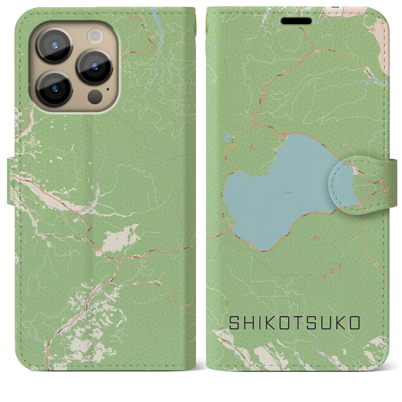 【支笏湖】地図柄iPhoneケース（手帳両面タイプ・ナチュラル）iPhone 14 Pro Max 用