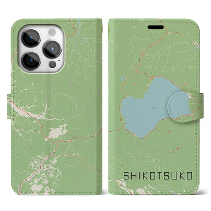 【支笏湖（北海道）】地図柄iPhoneケース（手帳タイプ）ナチュラル・iPhone 14 Pro 用