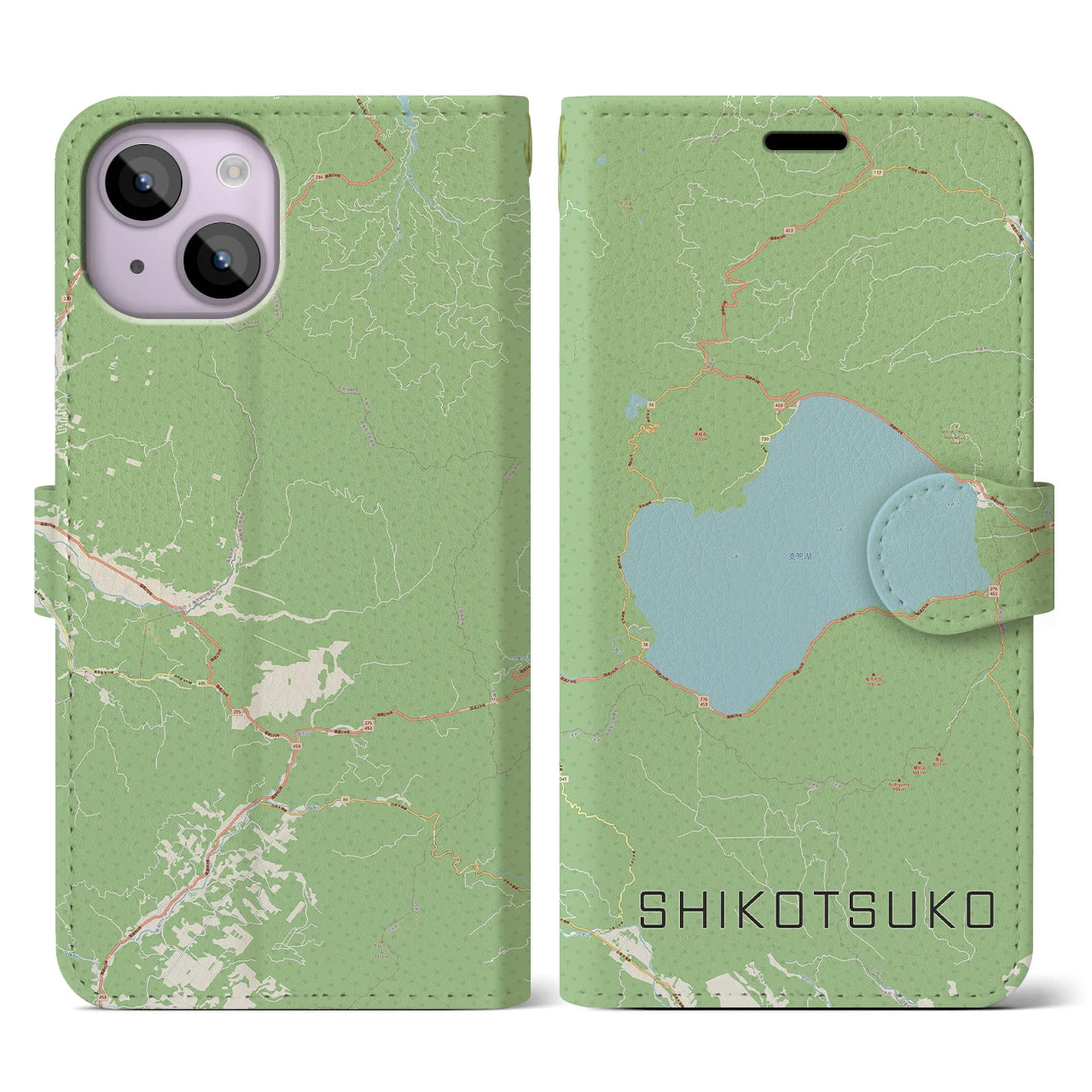 【支笏湖】地図柄iPhoneケース（手帳両面タイプ・ナチュラル）iPhone 14 用