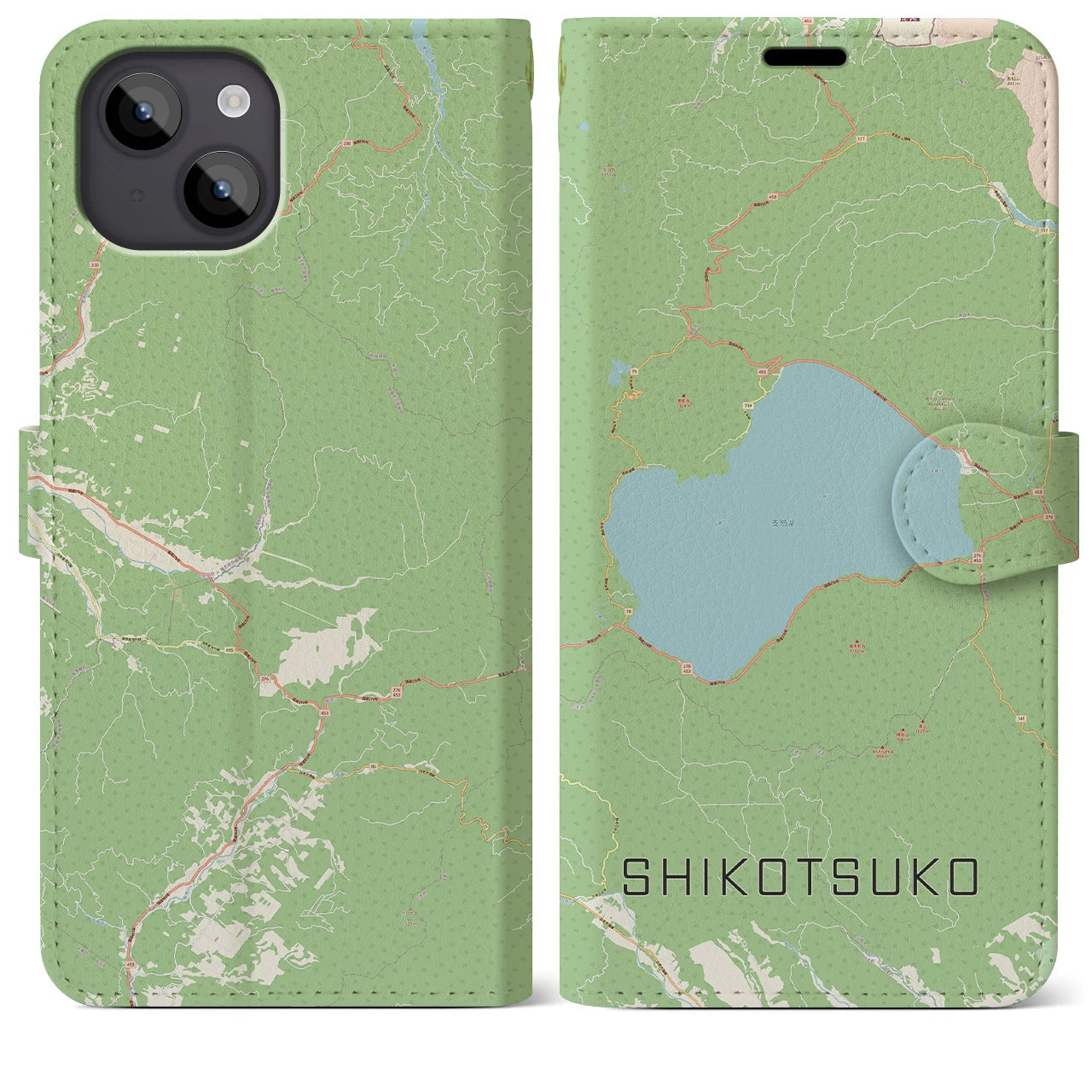 【支笏湖】地図柄iPhoneケース（手帳両面タイプ・ナチュラル）iPhone 14 Plus 用