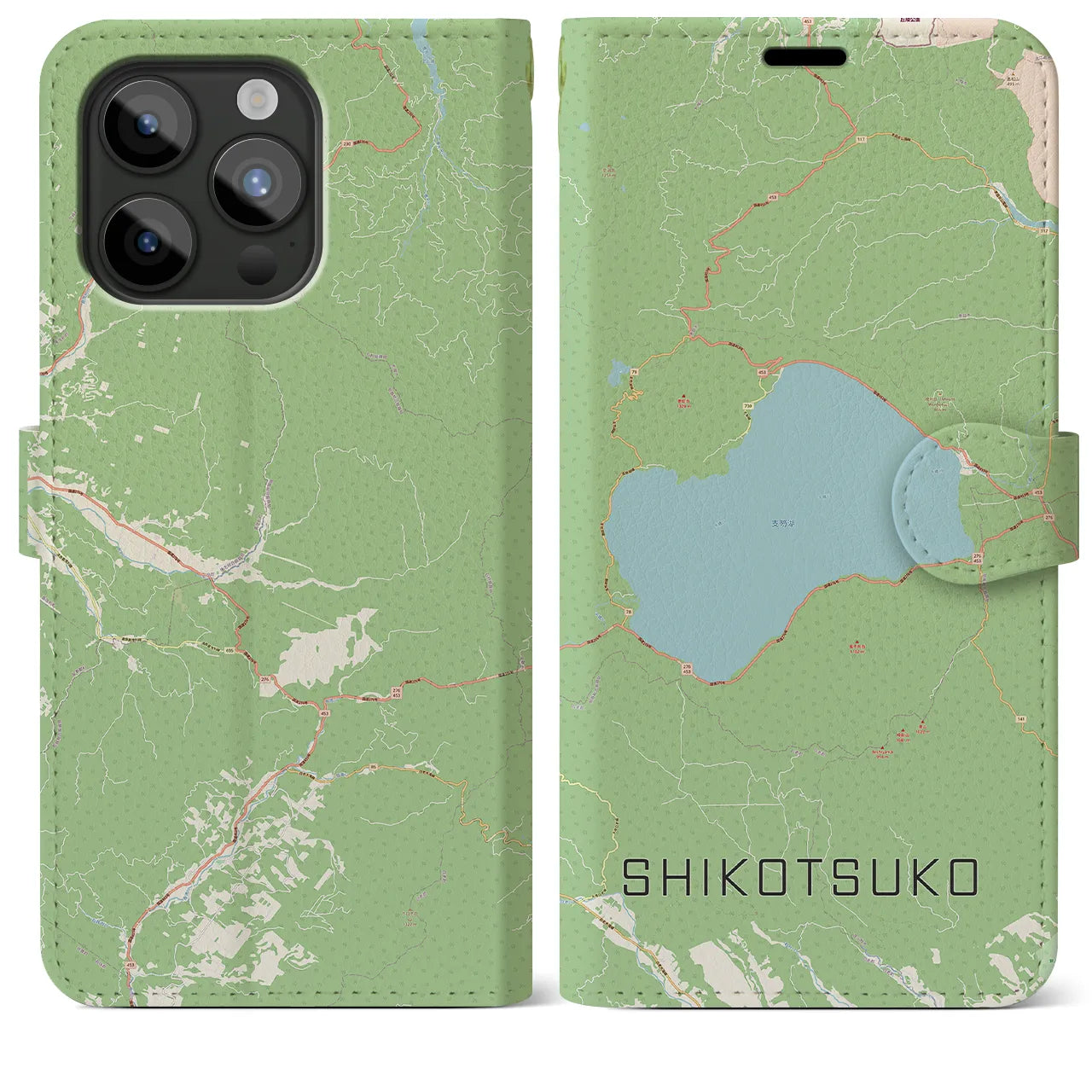 【支笏湖】地図柄iPhoneケース（手帳両面タイプ・ナチュラル）iPhone 15 Pro Max 用