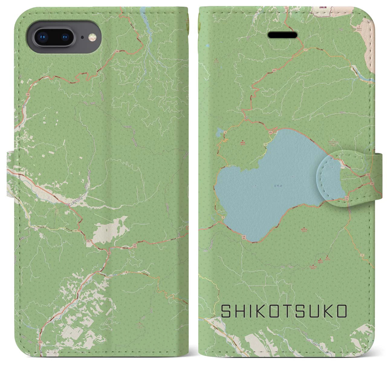 【支笏湖】地図柄iPhoneケース（手帳両面タイプ・ナチュラル）iPhone 8Plus /7Plus / 6sPlus / 6Plus 用