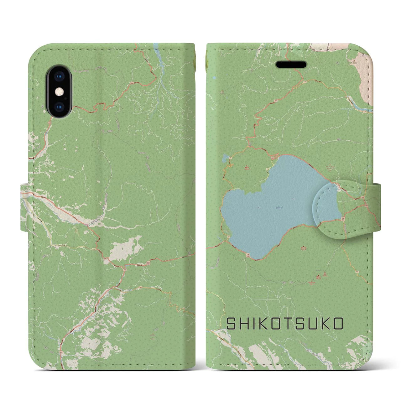 【支笏湖】地図柄iPhoneケース（手帳両面タイプ・ナチュラル）iPhone XS / X 用