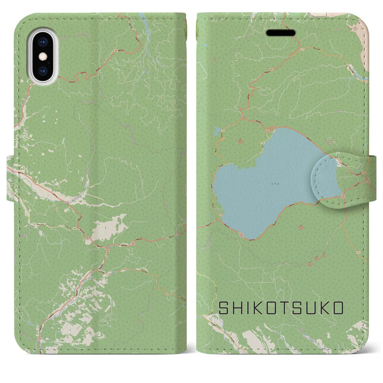 【支笏湖】地図柄iPhoneケース（手帳両面タイプ・ナチュラル）iPhone XS Max 用