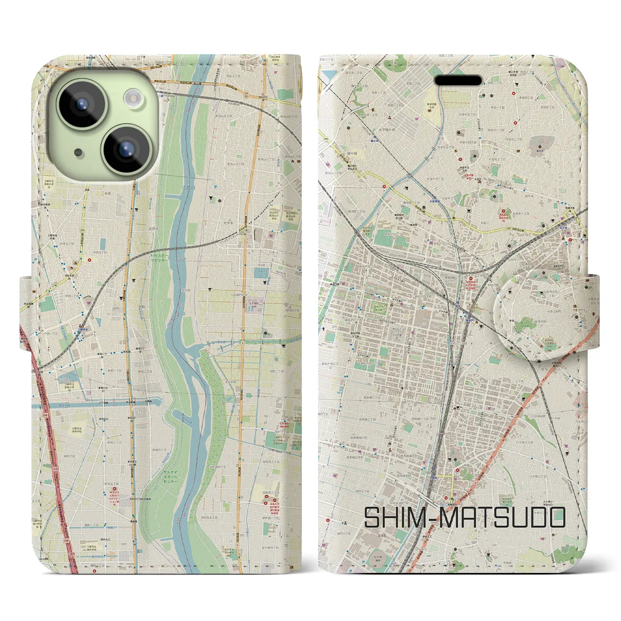 【新松戸】地図柄iPhoneケース（手帳両面タイプ・ナチュラル）iPhone 15 用